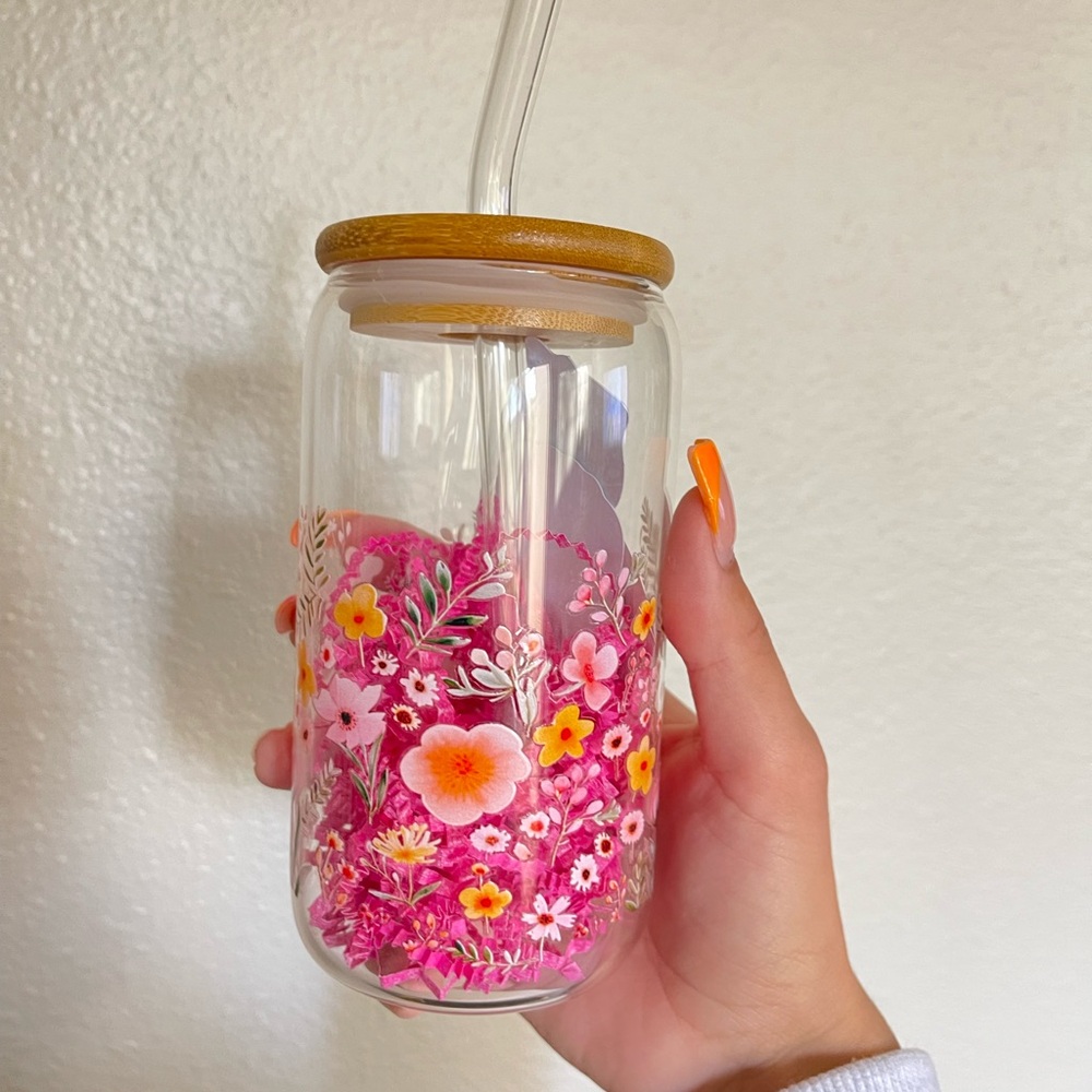 Floral Glass Tumbler with Bamboo Lid